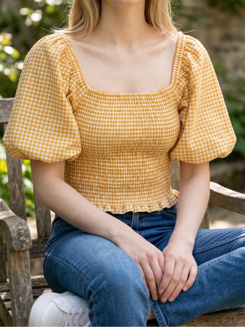 BB Dakota Yellow Gingham Off-Shoulder Crop Top - Picture 7 of 9